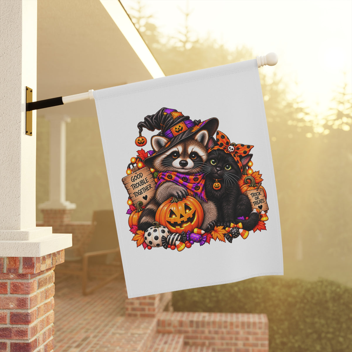 Halloween Raccoon and Black Cat Bestie Garden Flag