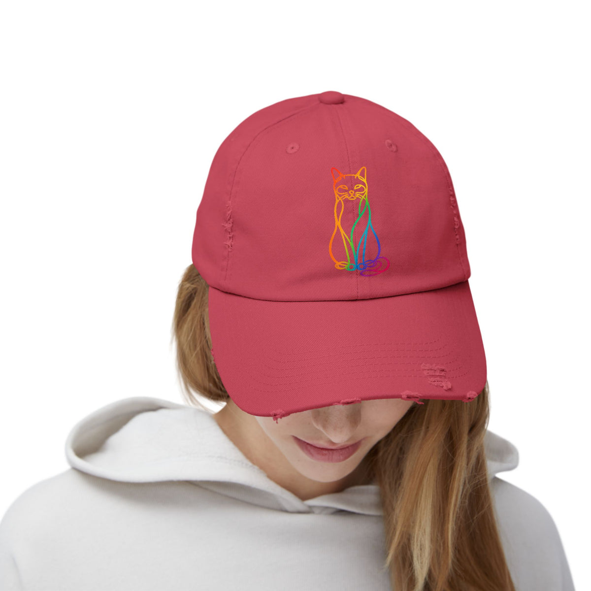 Rainbow Cat Distressed Cap