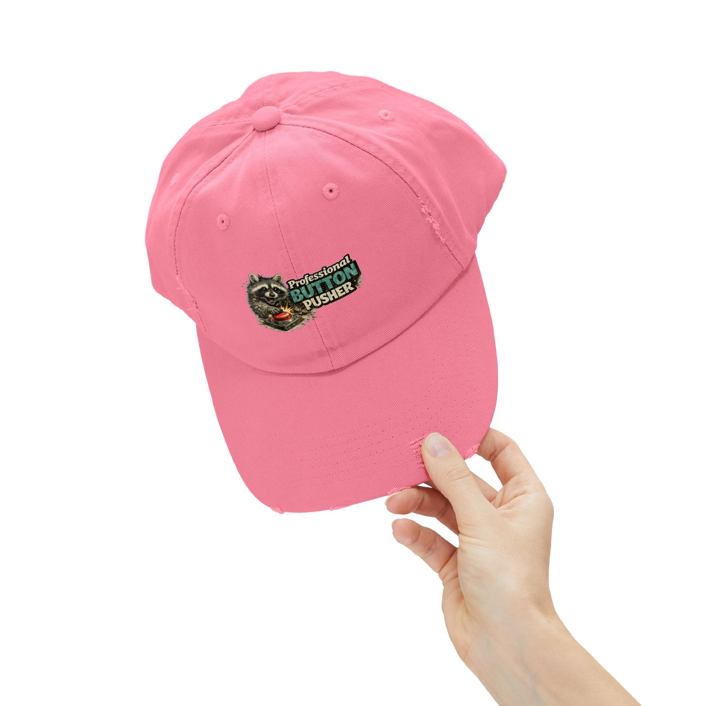 Button Pusher Distressed Cap — Raccoon Mom/Dad Funny Dad Hat