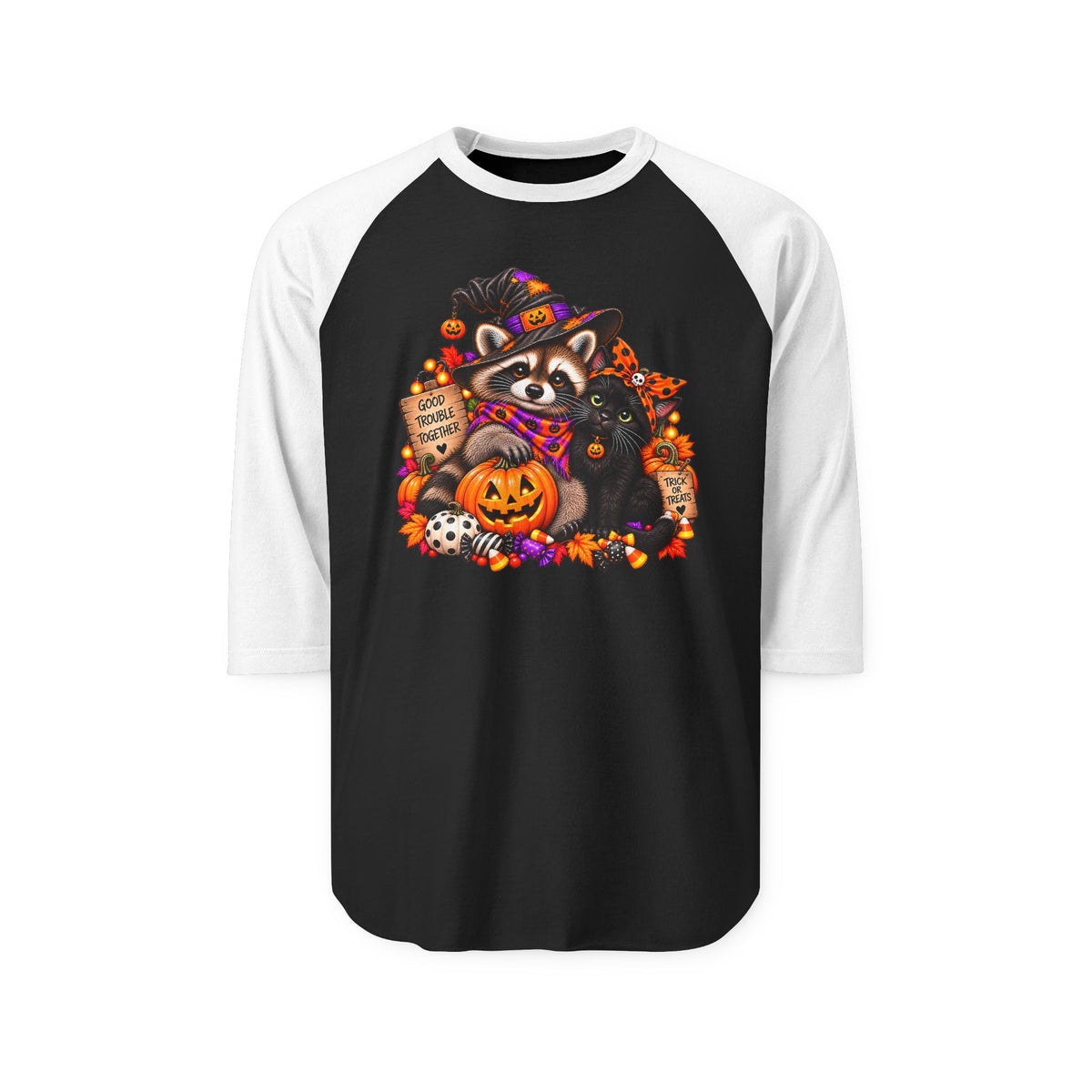 Halloween Raccoon and Black Cat Bestie Raglan Baseball Shirt