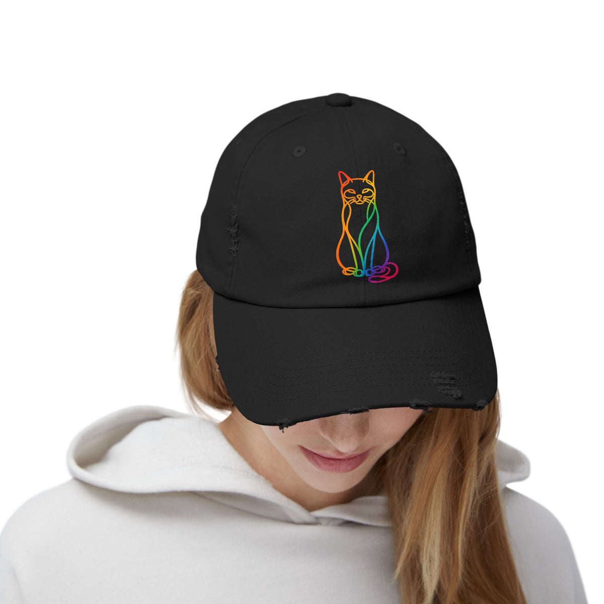 Rainbow Cat Distressed Cap
