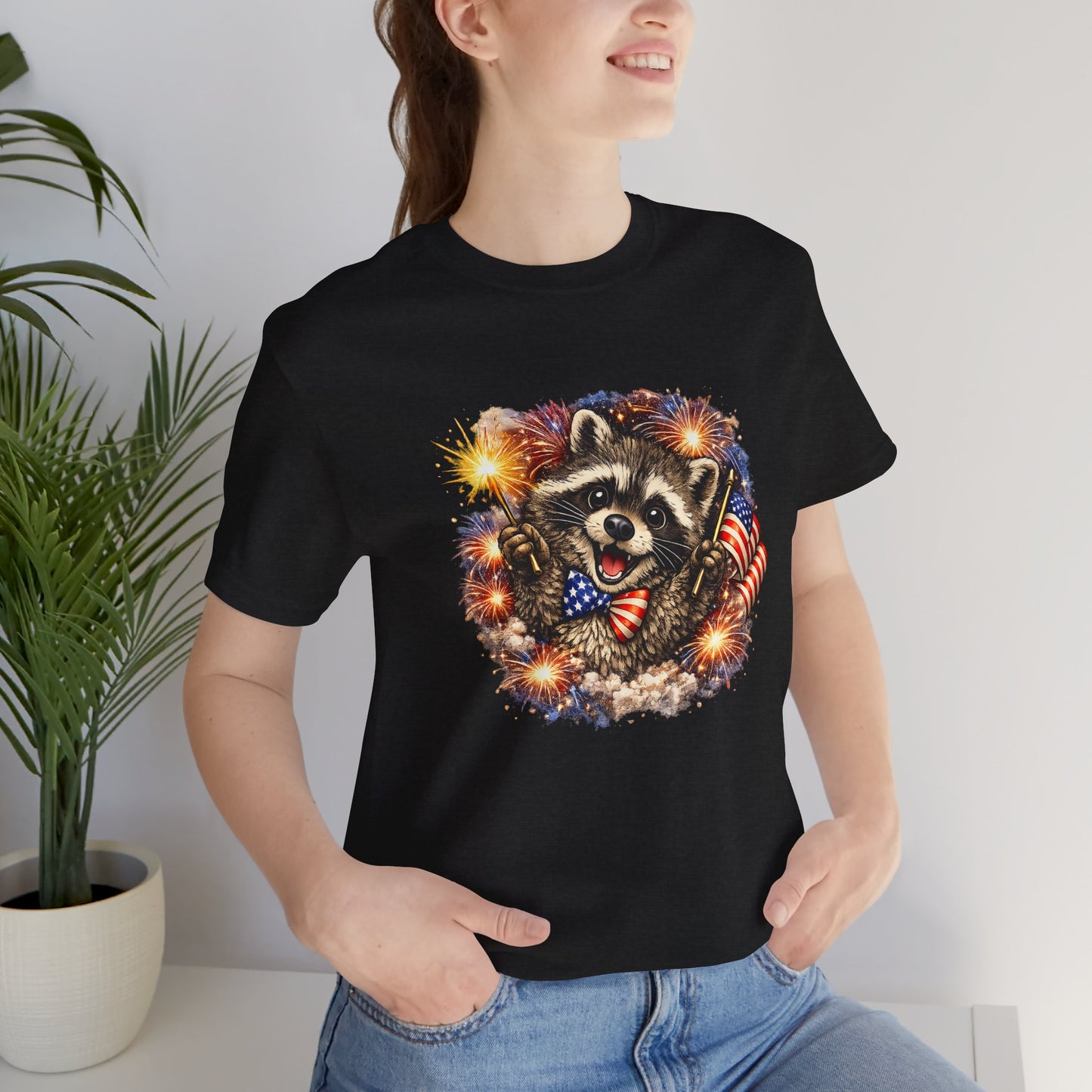Patriot Raccoon 250th Anniversary T-Shirt — 4th of July Fireworks Flag Tee