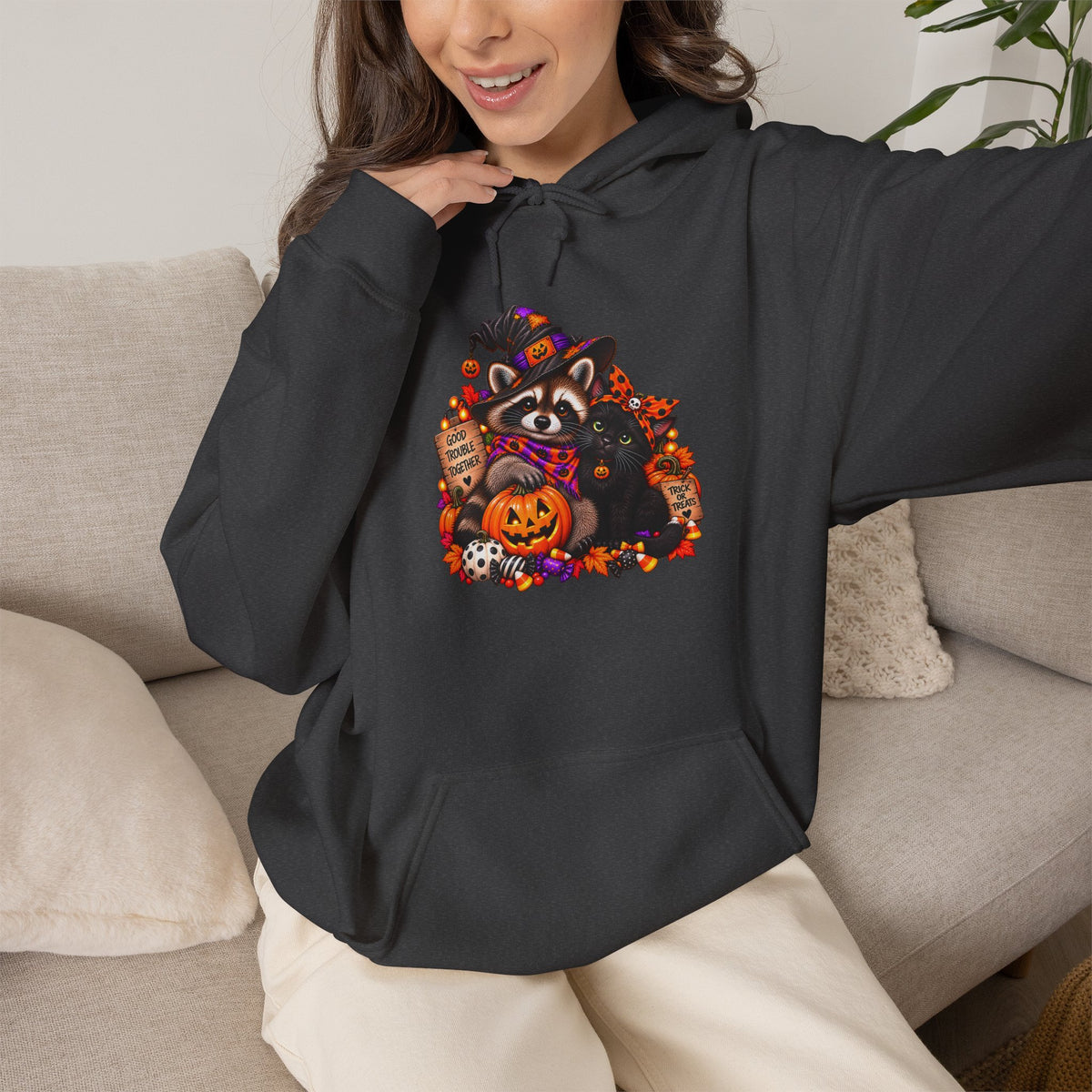 Halloween Raccoon and Black Cat Bestie Hooded Sweatshirt