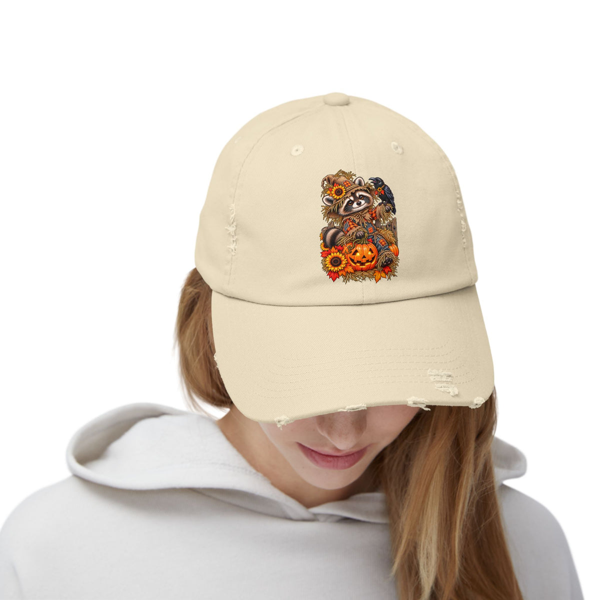 Scarecrow Raccoon Distressed Baseball Hat