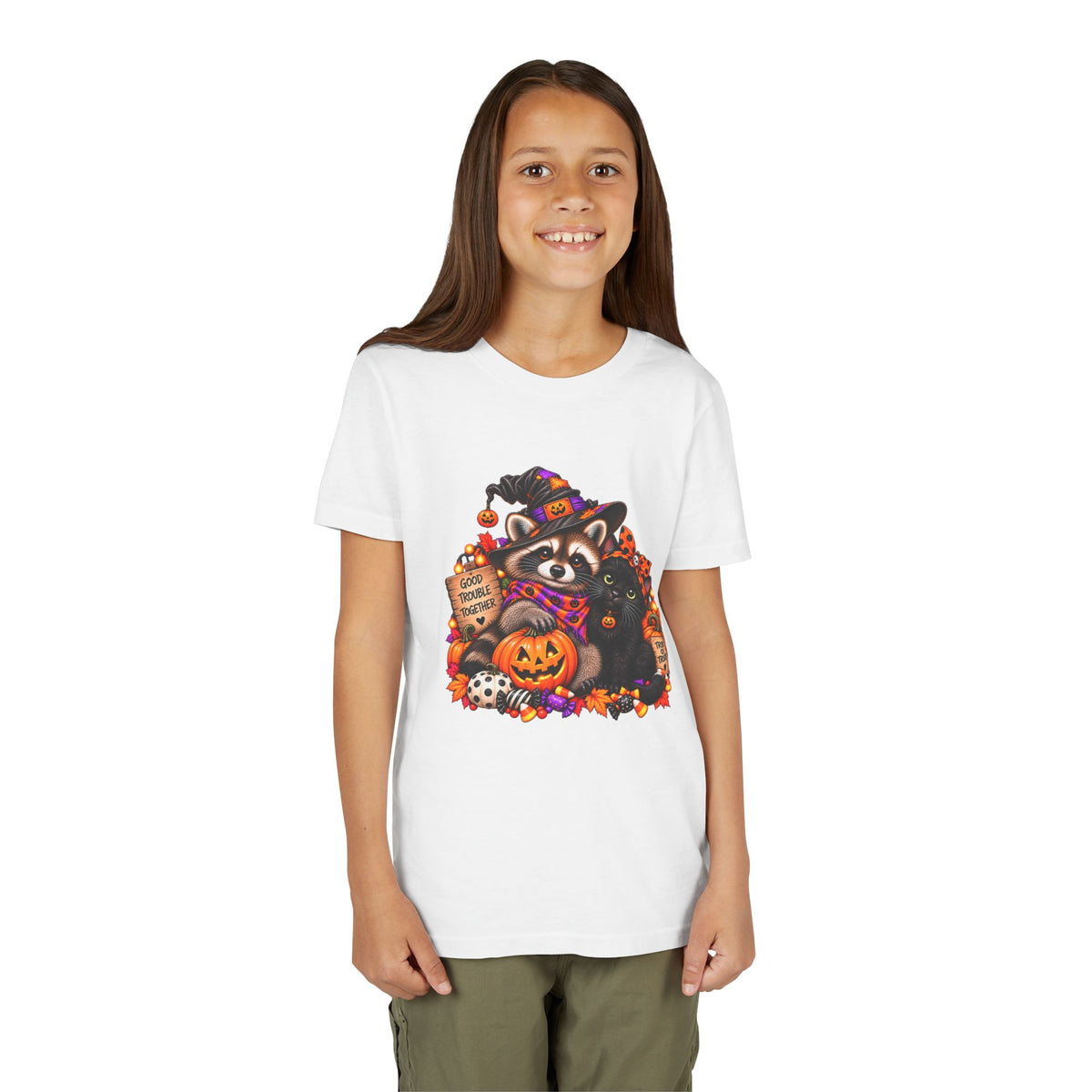Halloween Youth Tee — Raccoon with it's Black Cat Bestie Kids Tshirt