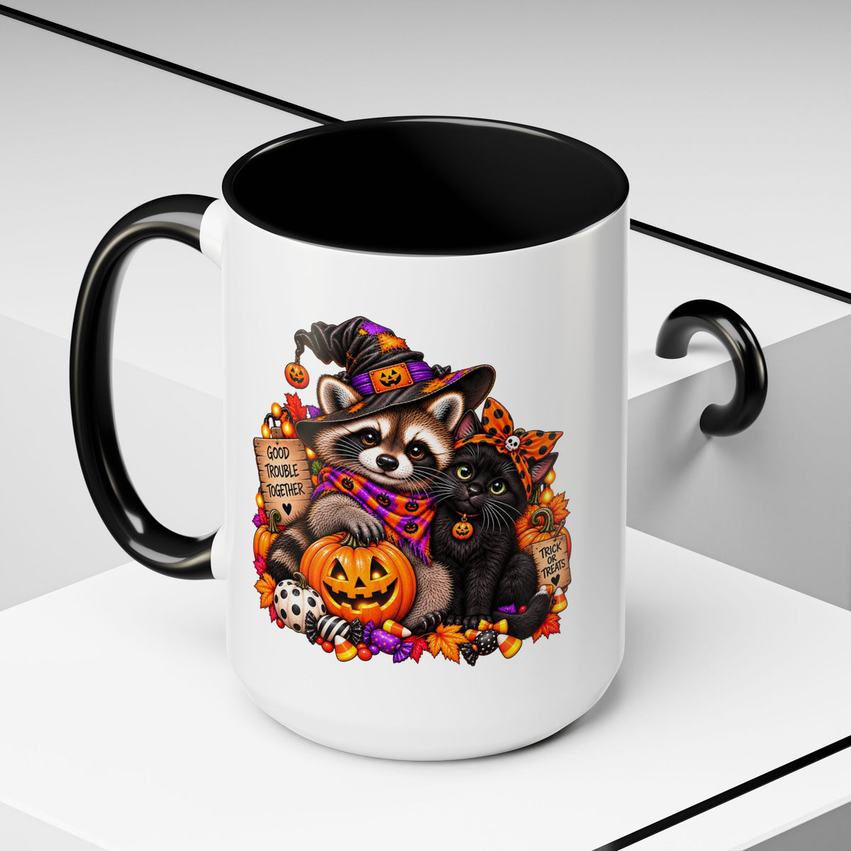 Halloween Raccoon and Black Cat Bestie Coffee Mug  (11/15oz)
