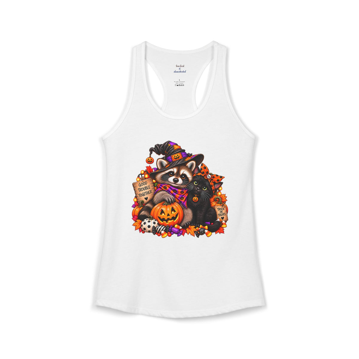 Halloween Raccoon and Black Cat Bestie Racerback Tank