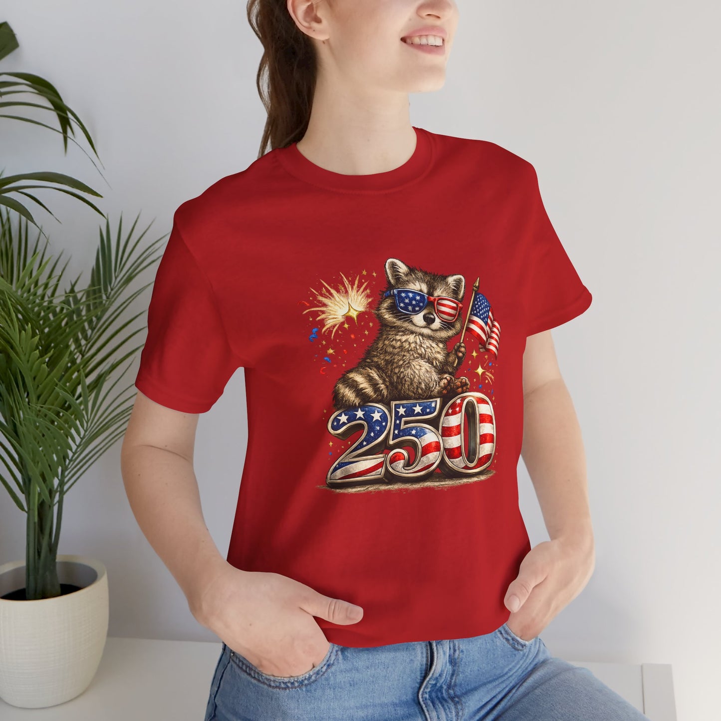 Patriot Raccoon 250th Anniversary T-Shirt — 4th of July Fireworks Flag Tee
