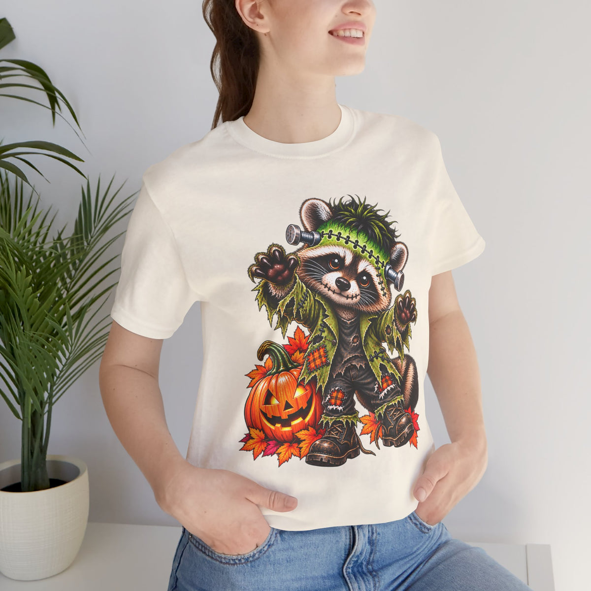 Halloween Frankenstein Raccoon and Black Cat T-Shirt