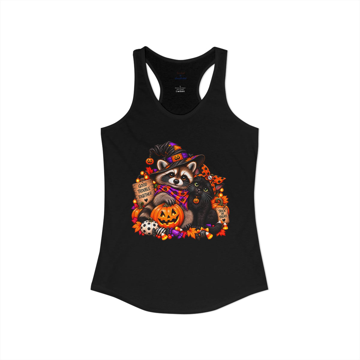 Halloween Raccoon and Black Cat Bestie Racerback Tank