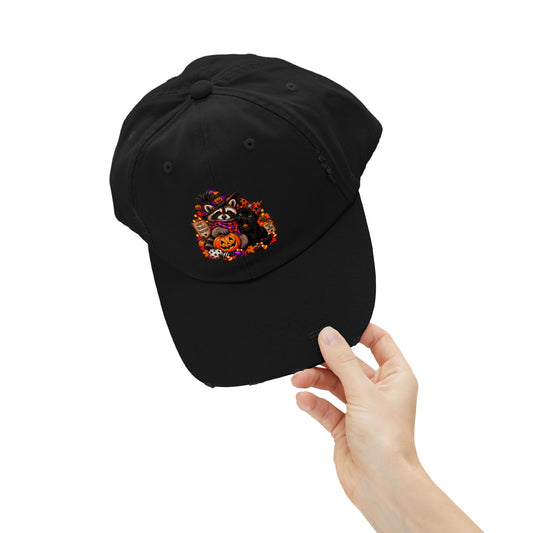 Halloween Raccoon and Black Cat Bestie Distressed Baseball Hat