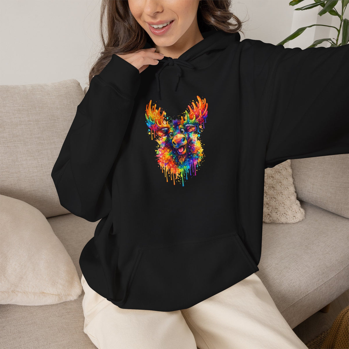 Watercolor Moose Hooded Sweatshirt
