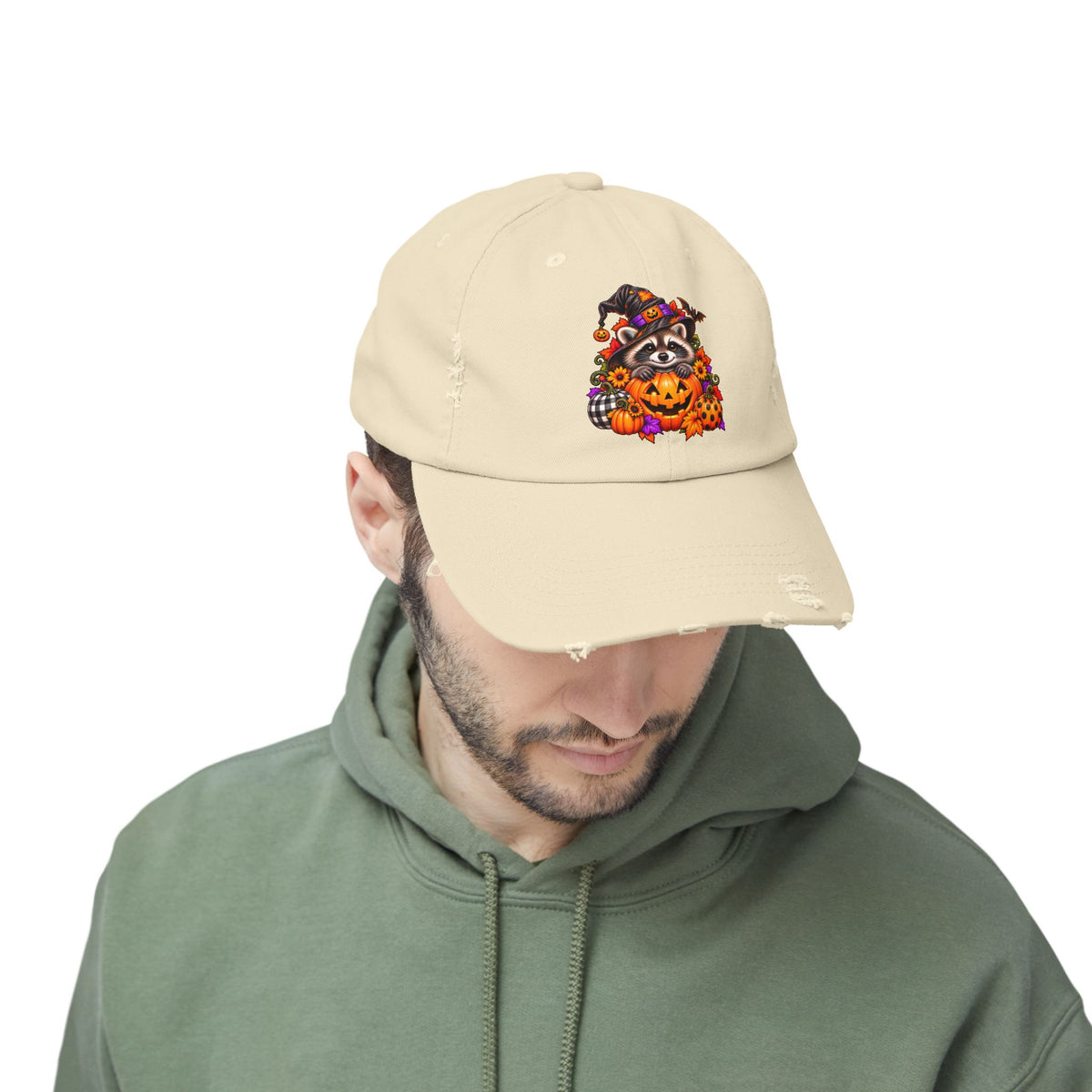 Halloween Raccoon Distressed Baseball Hat