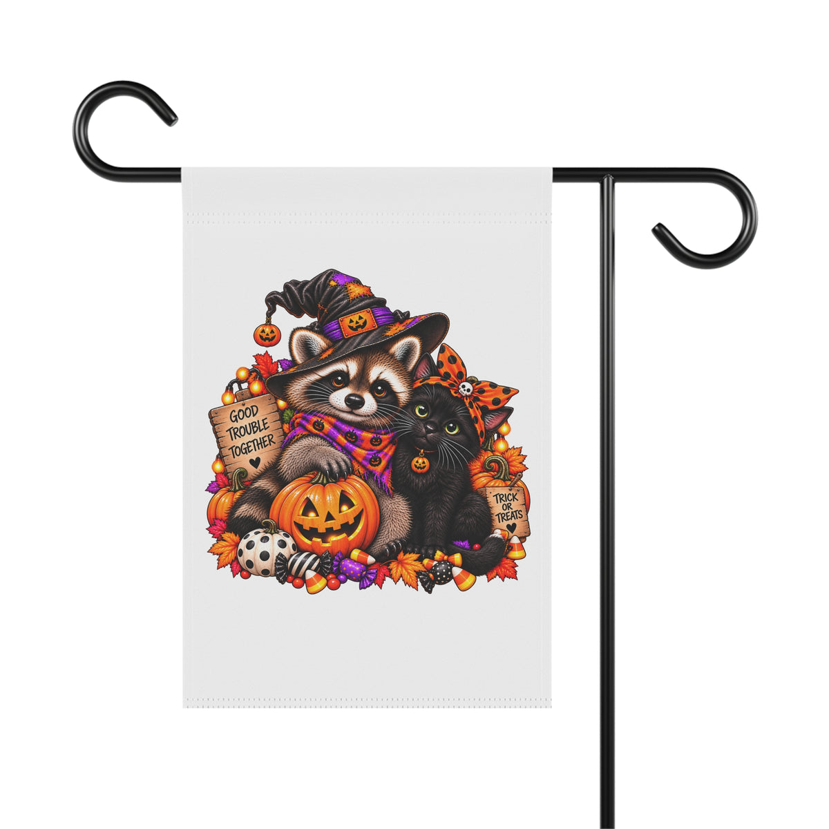 Halloween Raccoon and Black Cat Bestie Garden Flag