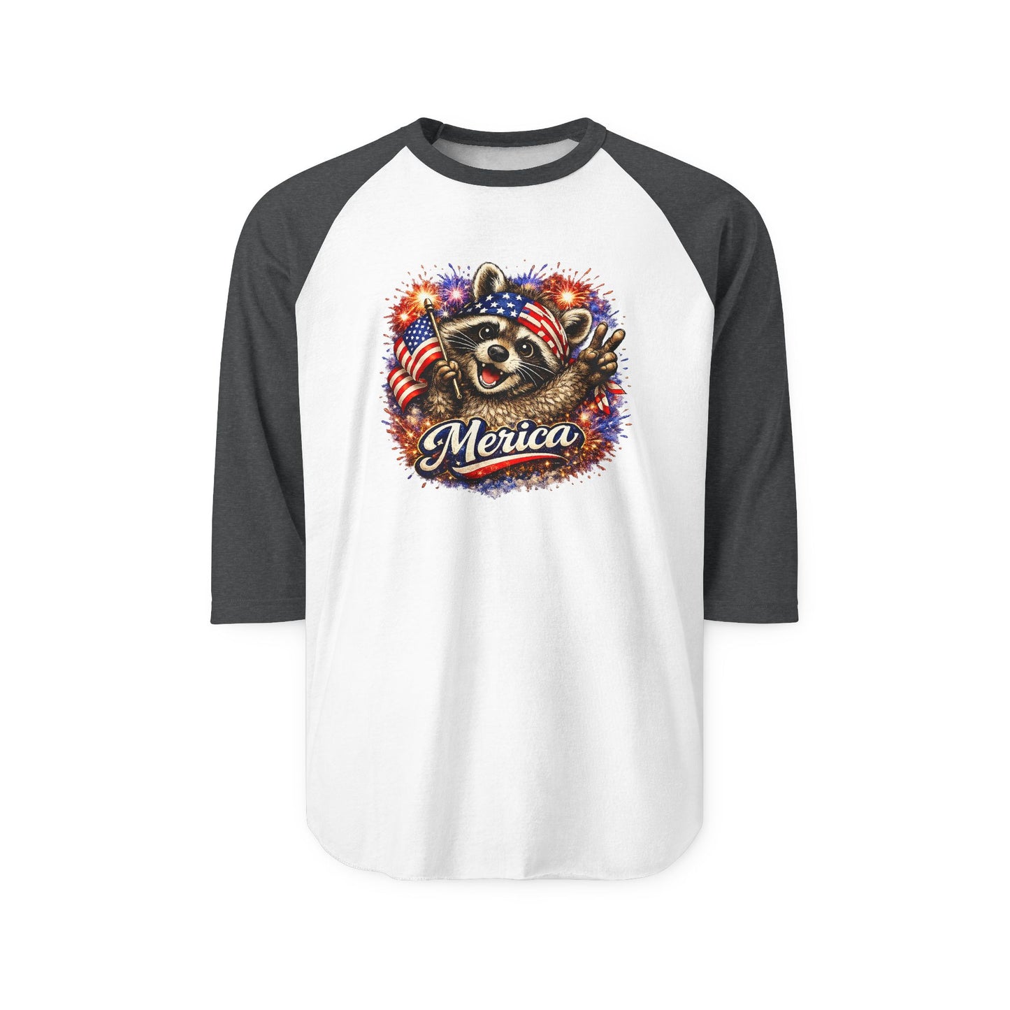 Copy of Patriotic Raccoon 250 Raglan Shirt — Fourth of July Fireworks Tee
