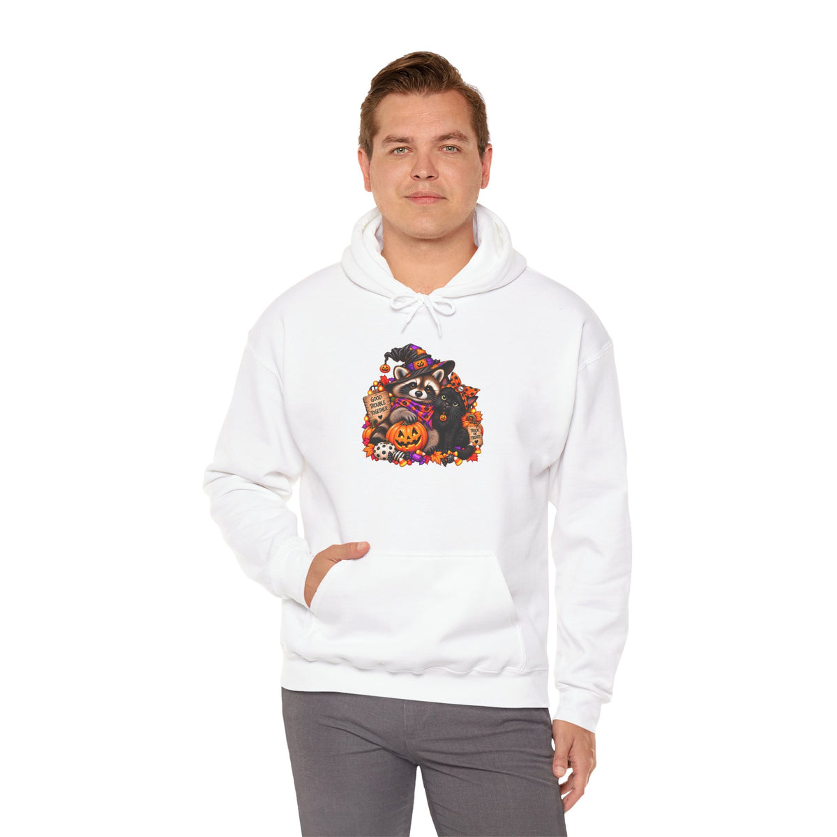 Halloween Raccoon and Black Cat Bestie Hooded Sweatshirt