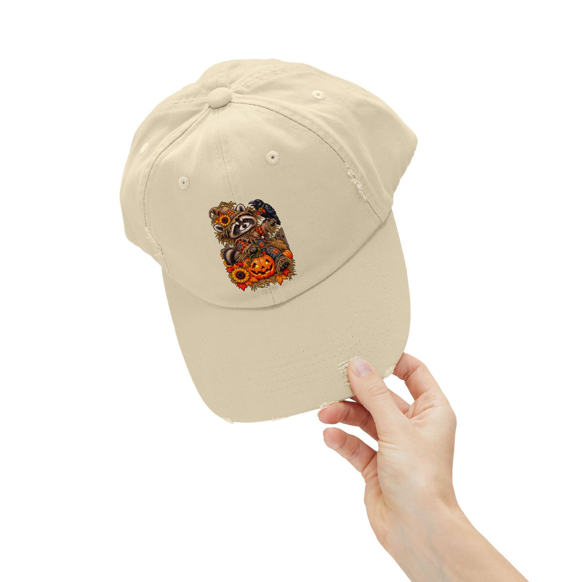 Scarecrow Raccoon Distressed Baseball Hat