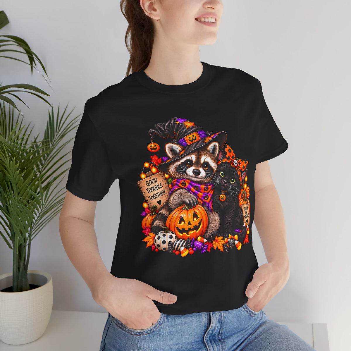 Halloween Raccoon and Black Cat T-Shirt