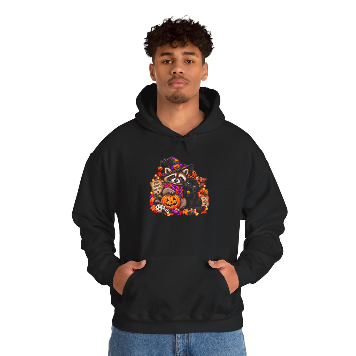 Halloween Raccoon and Black Cat Bestie Hooded Sweatshirt