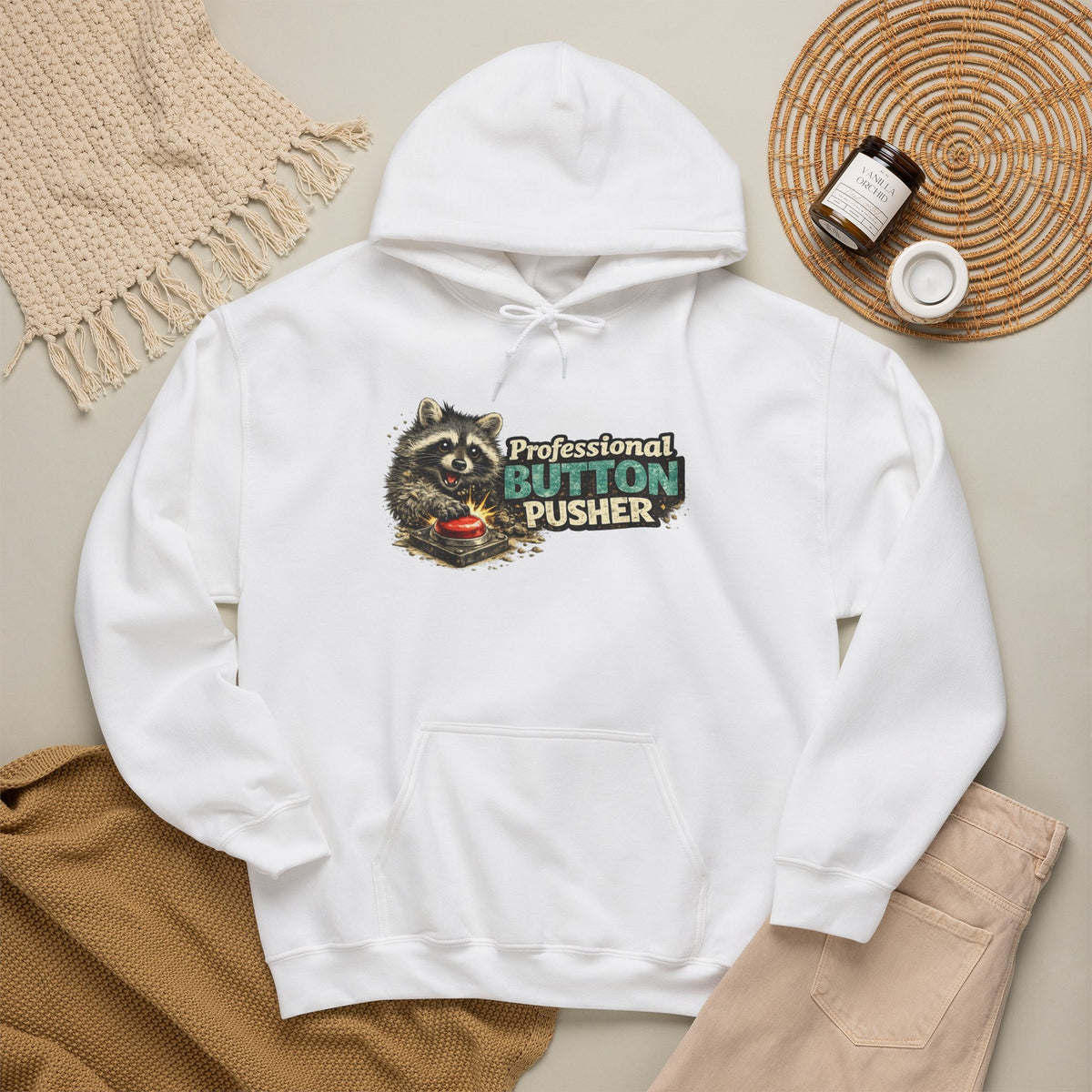 Raccoon "Button Pusher" Hooded Sweatshirt