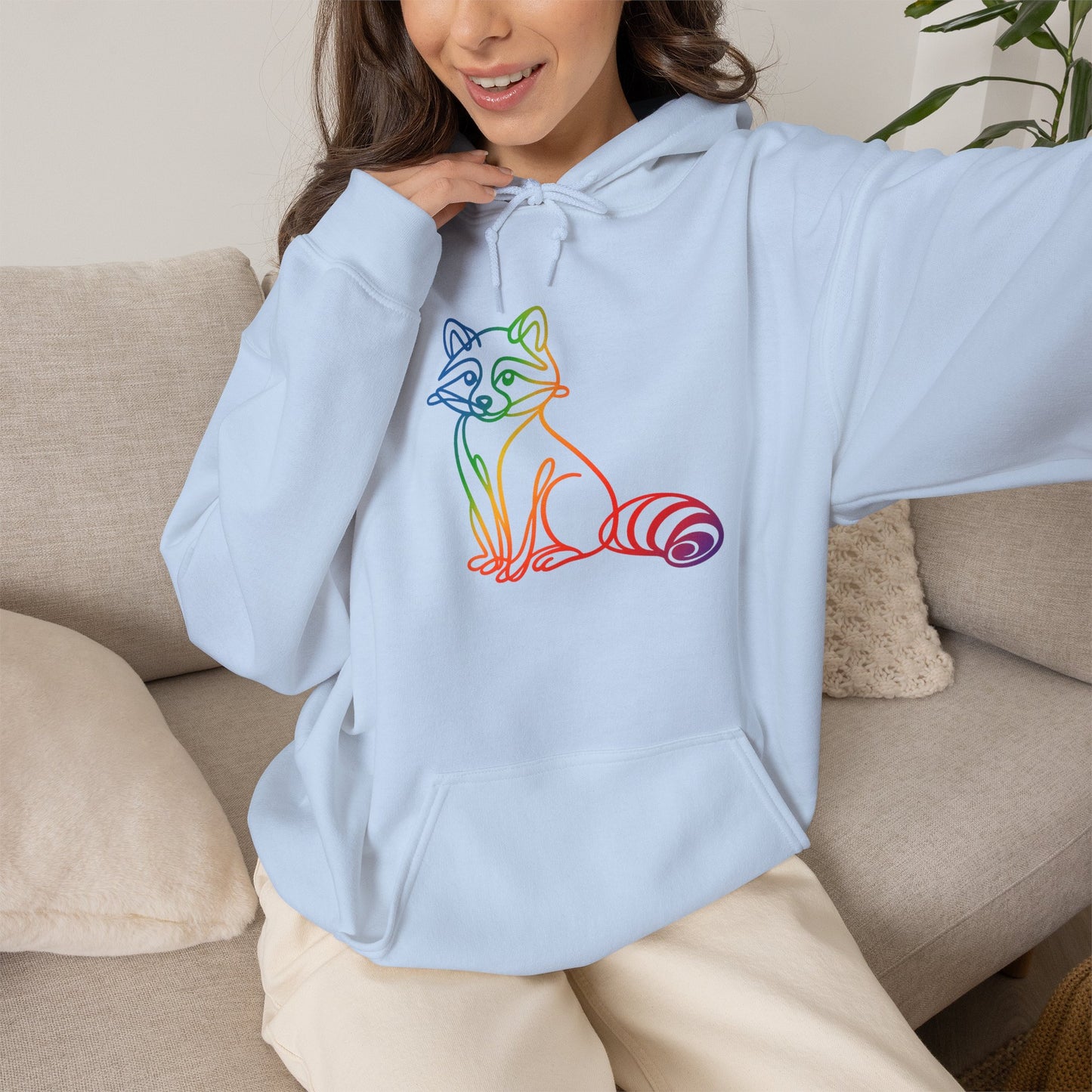 Rainbow Line Art Raccoon Hoodie