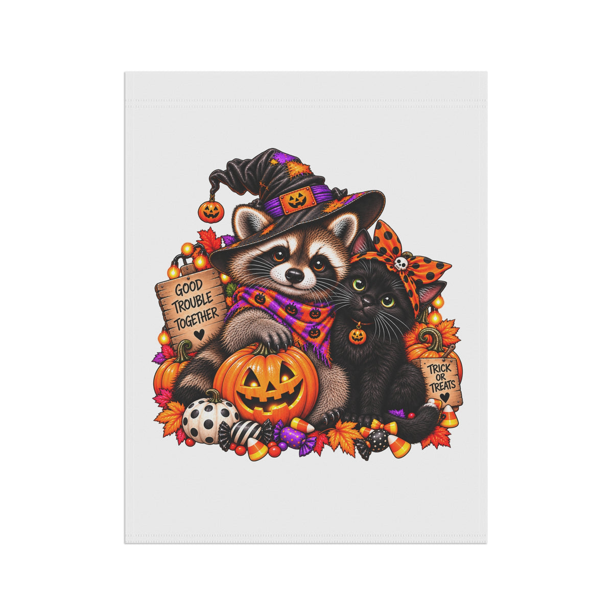 Halloween Raccoon and Black Cat Bestie Garden Flag