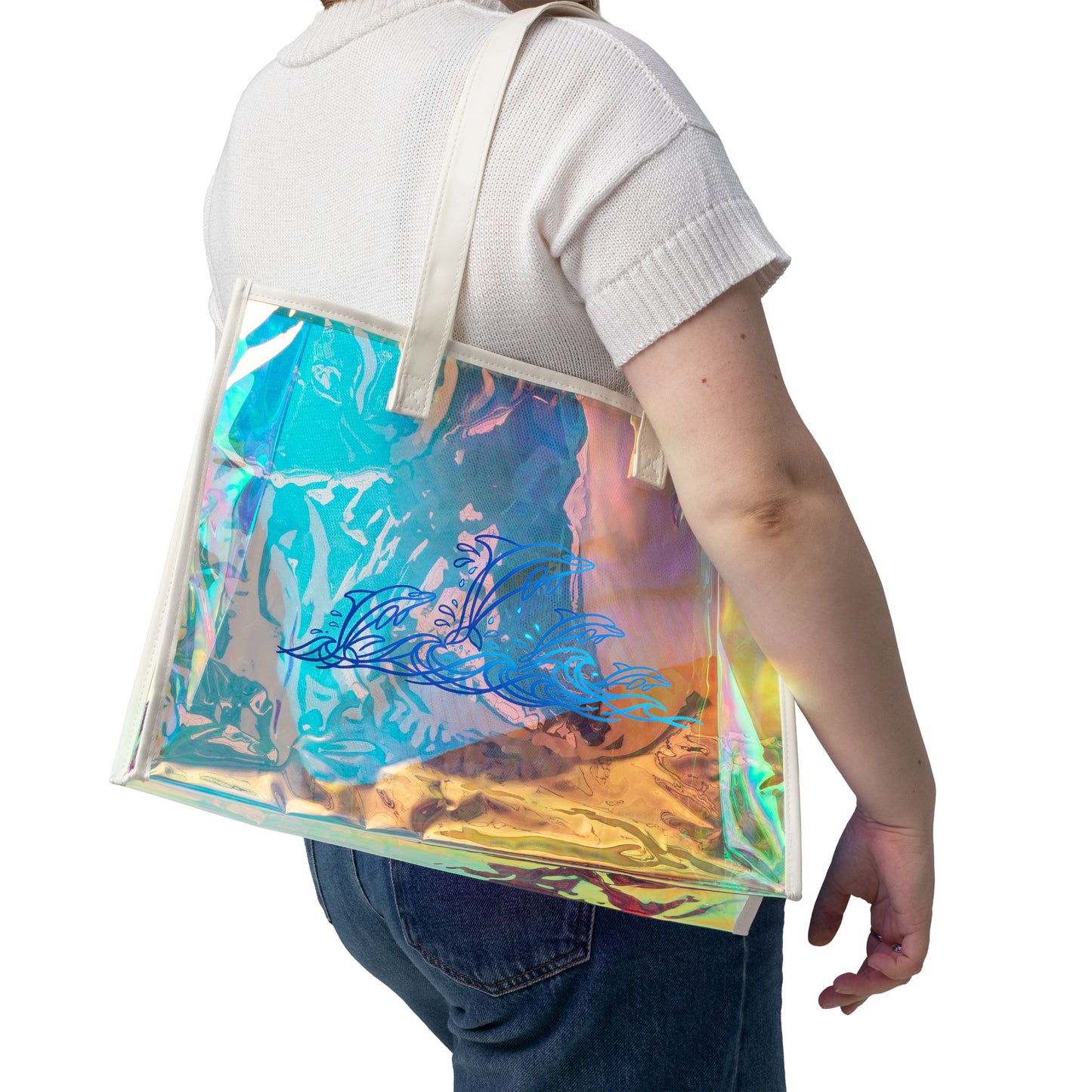 Holographic Splashing Dolphin Pod Beach Tote