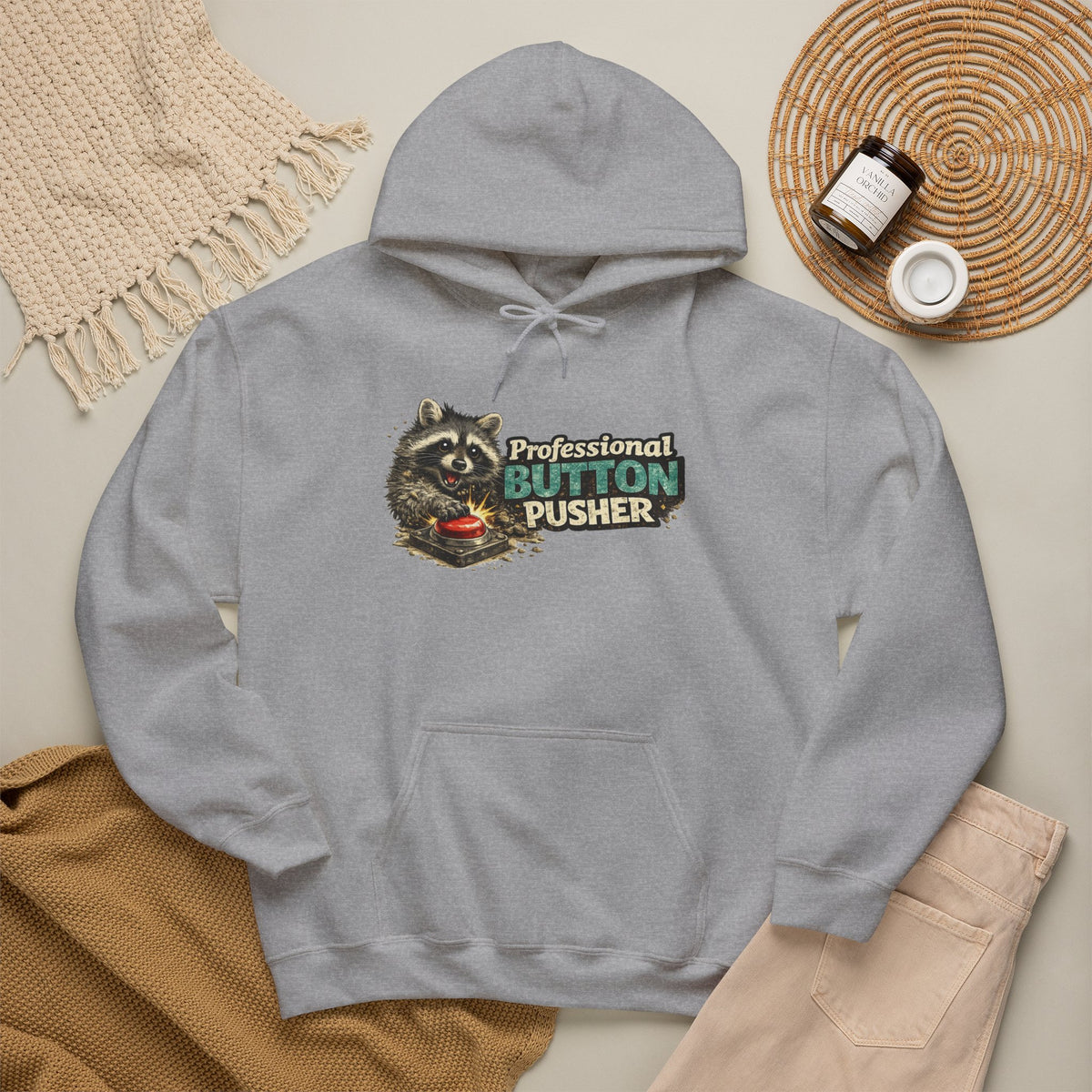 Raccoon "Button Pusher" Hooded Sweatshirt