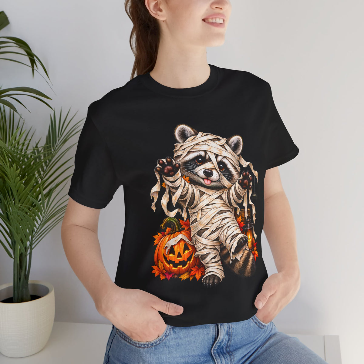 Halloween Mummy Raccoon and Black Cat T-Shirt