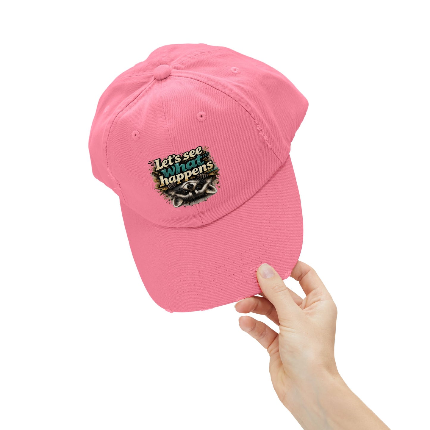 Let's See What Happens Distressed Cap — Raccoon Mom/Dad Funny Dad Hat