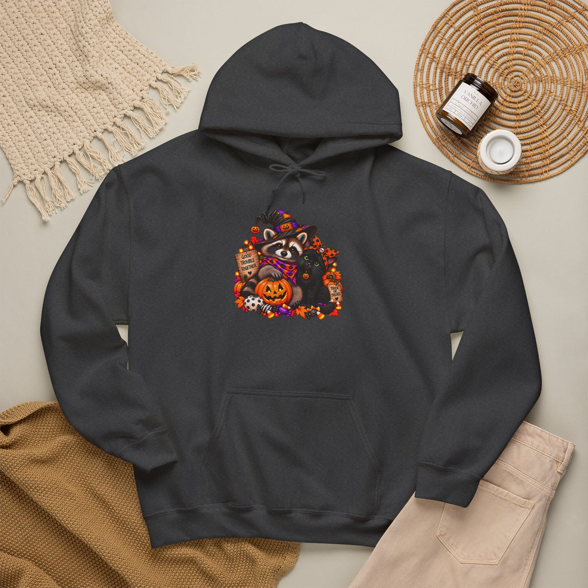 Halloween Raccoon and Black Cat Bestie Hooded Sweatshirt