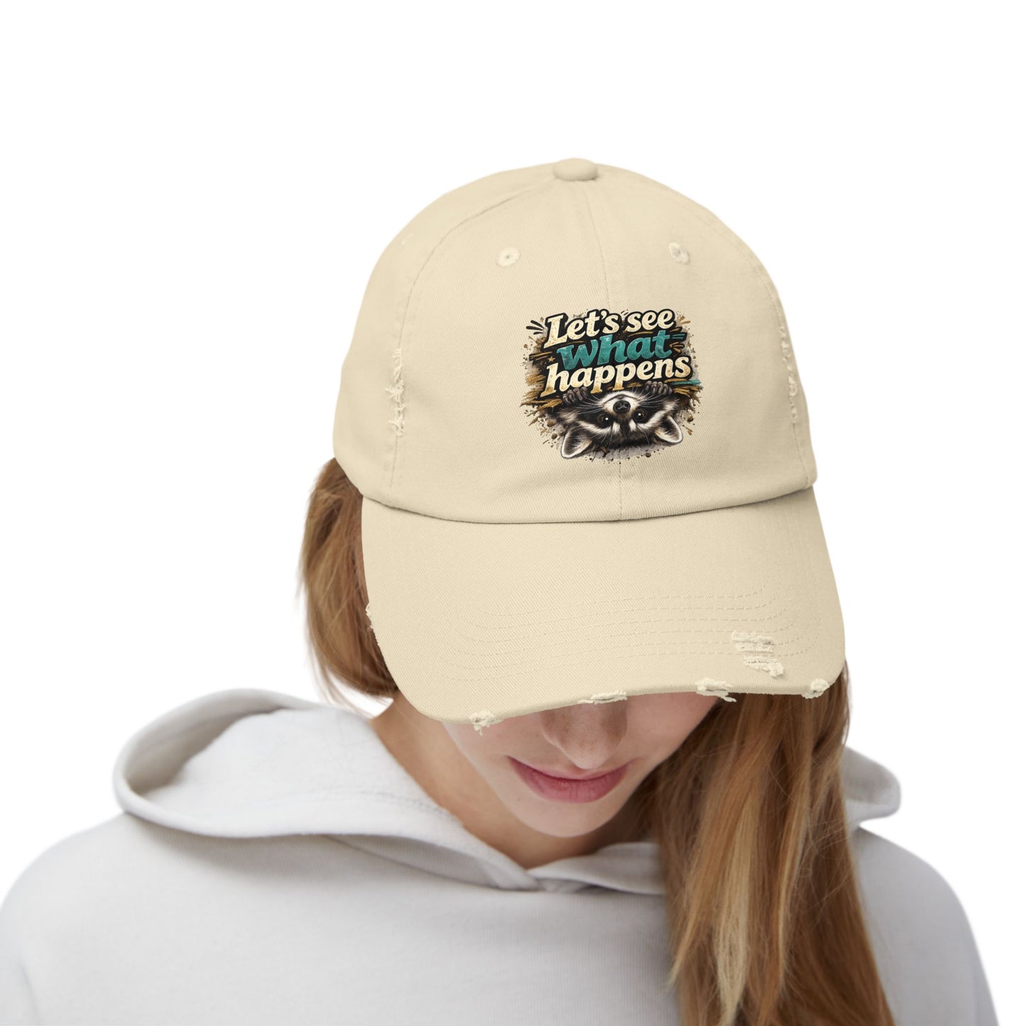 Let's See What Happens Distressed Cap — Raccoon Mom/Dad Funny Dad Hat