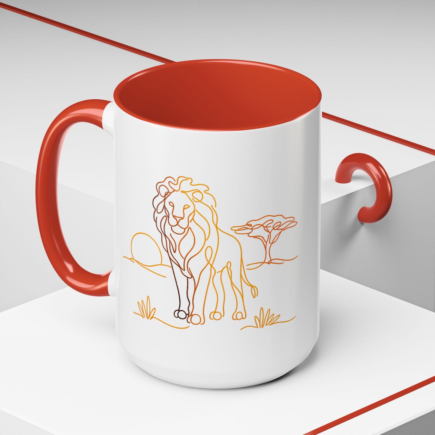 Safari Sunrise Coffee Mug — Minimal Line Lion Design (11/15oz)