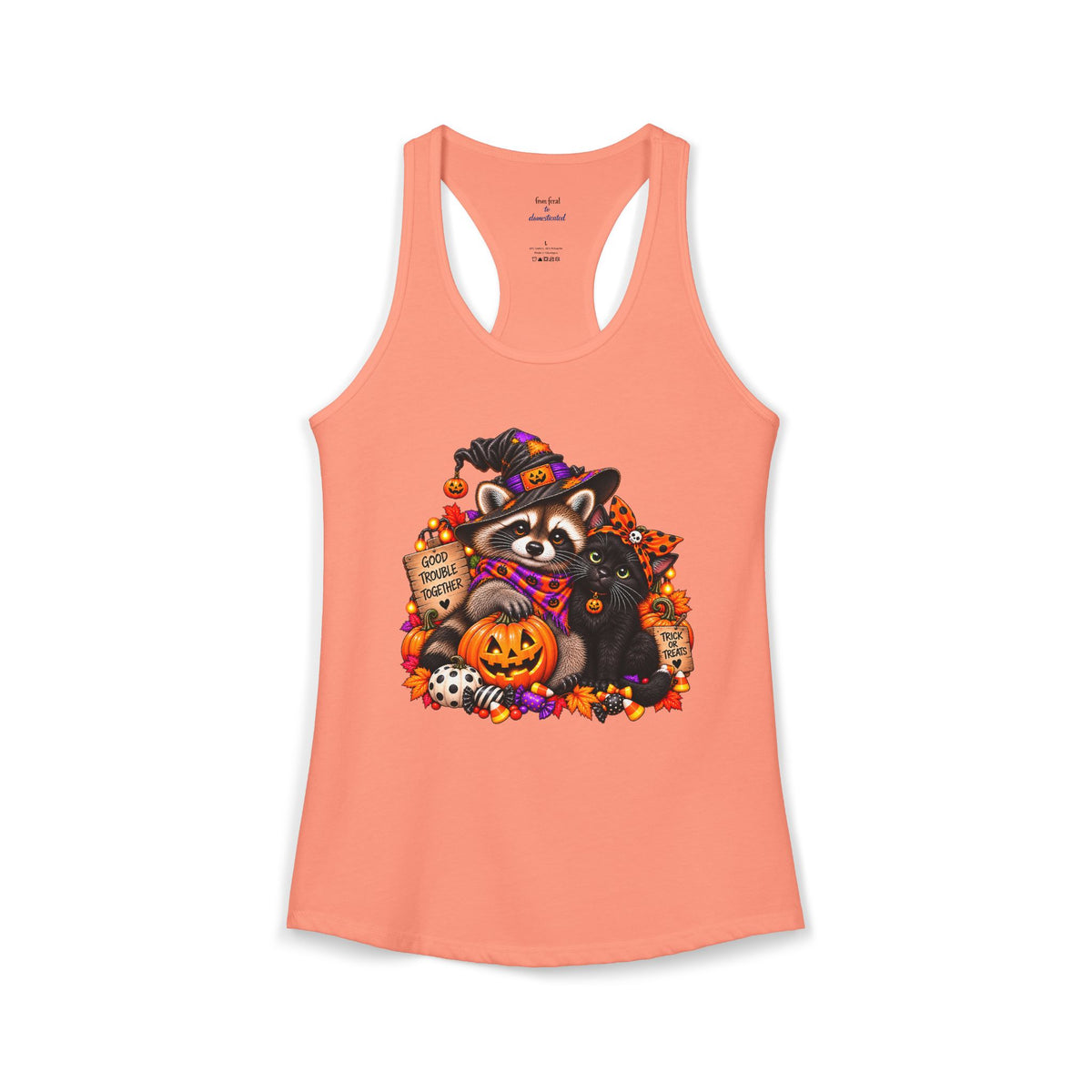 Halloween Raccoon and Black Cat Bestie Racerback Tank