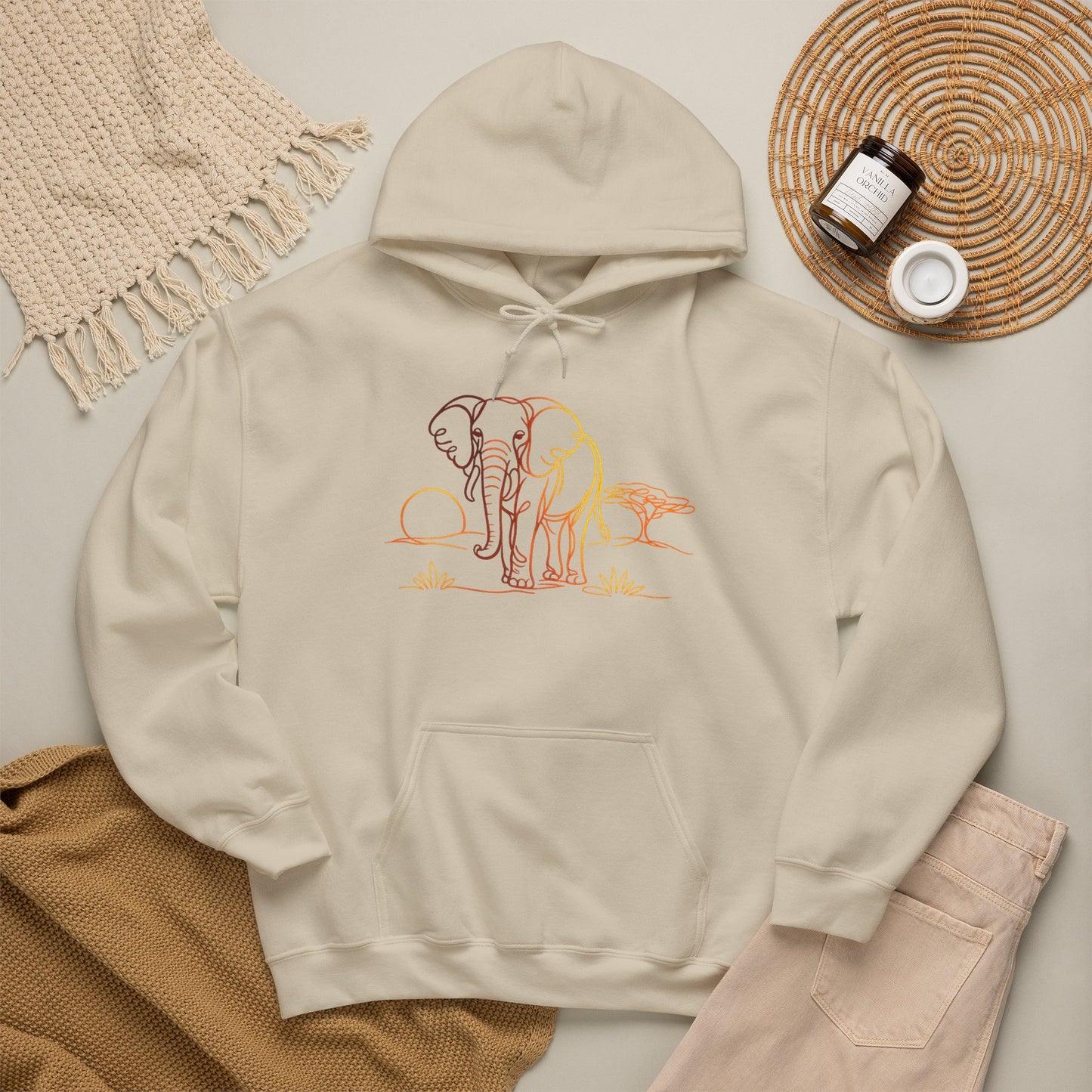 Elephant Sunset Hoodie — Minimal Safari Graphic Hooded Sweatshirt