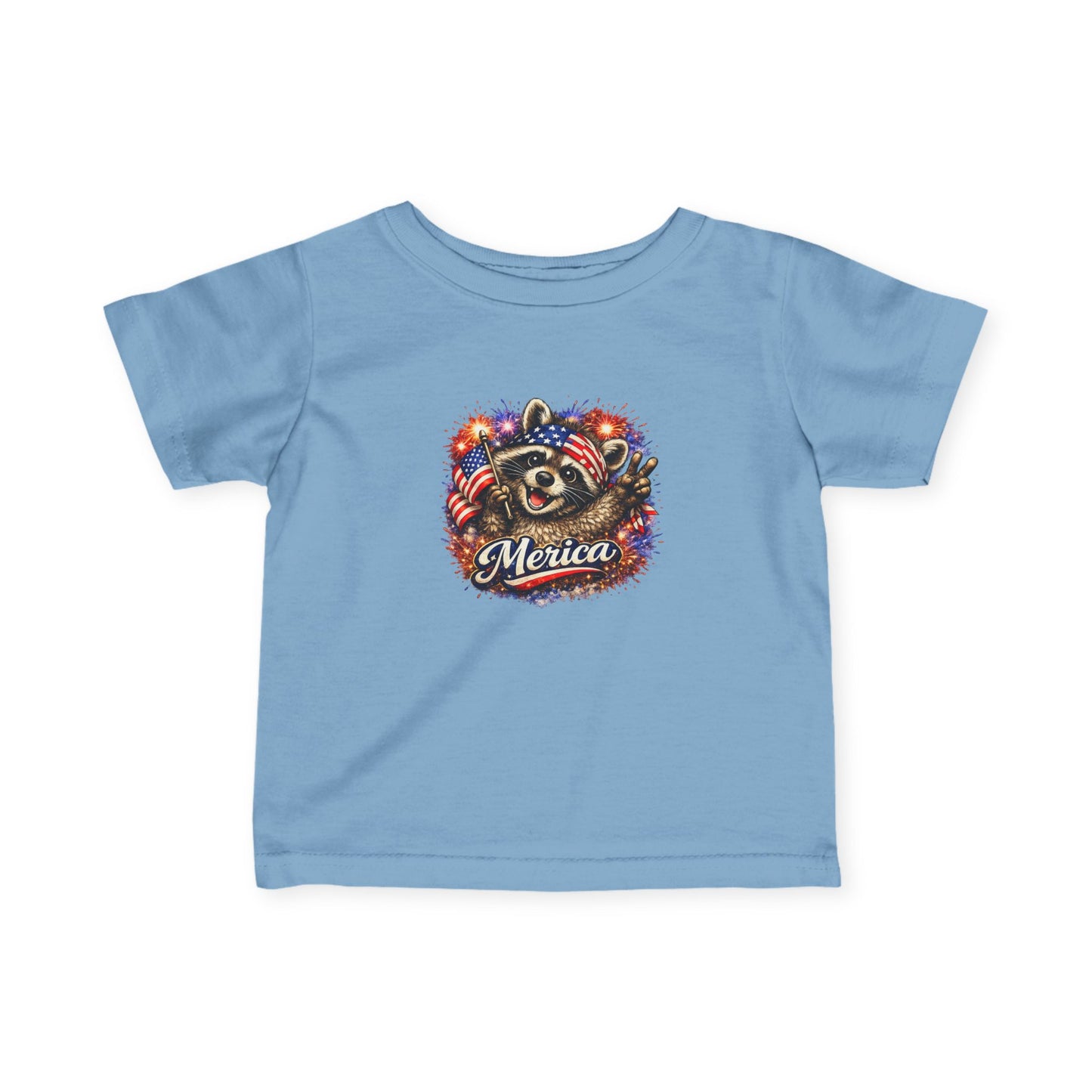 Infant Tee — Adorable Raccoon Holding American Flag "250" — 4th of July Baby Shirt