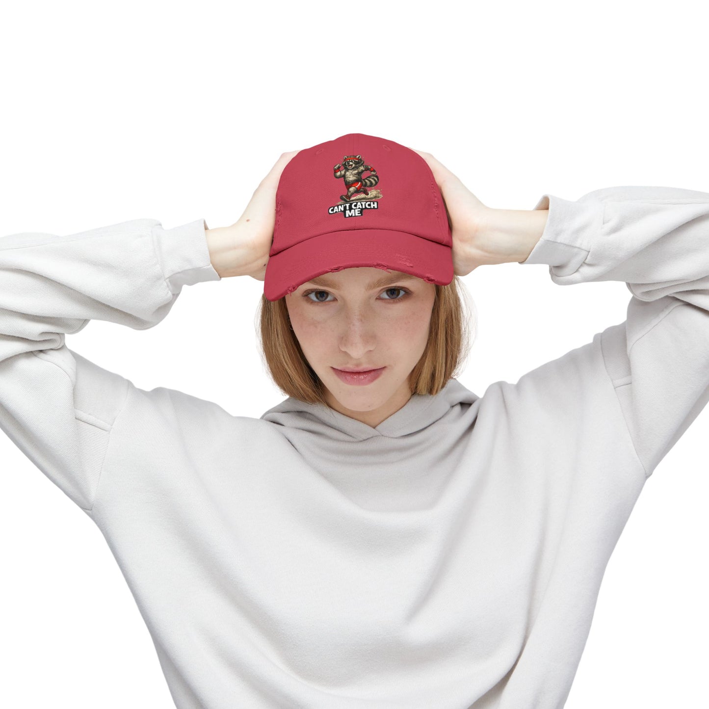 Can't Catch Me Distressed Cap — Raccoon Mom/Dad Funny Dad Hat