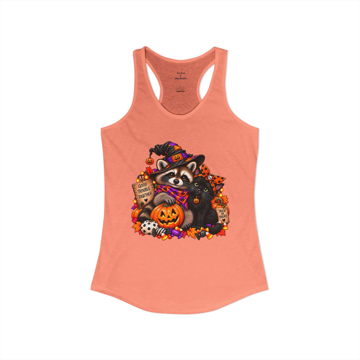 Halloween Raccoon and Black Cat Bestie Racerback Tank