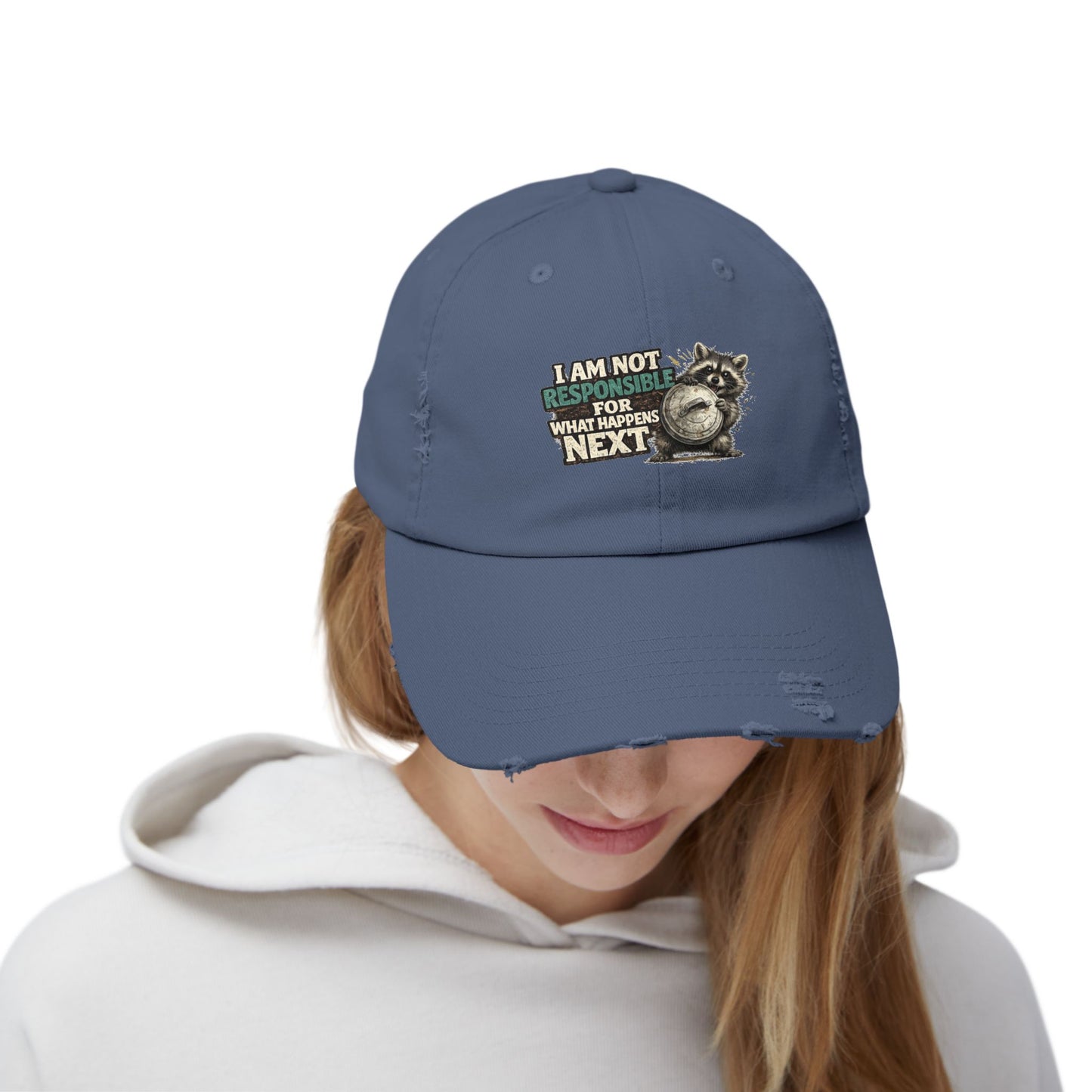 Not Responsible Distressed Cap — Raccoon Mom/Dad Funny Dad Hat