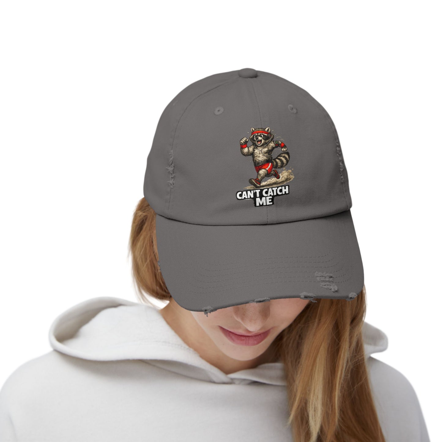 Can't Catch Me Distressed Cap — Raccoon Mom/Dad Funny Dad Hat