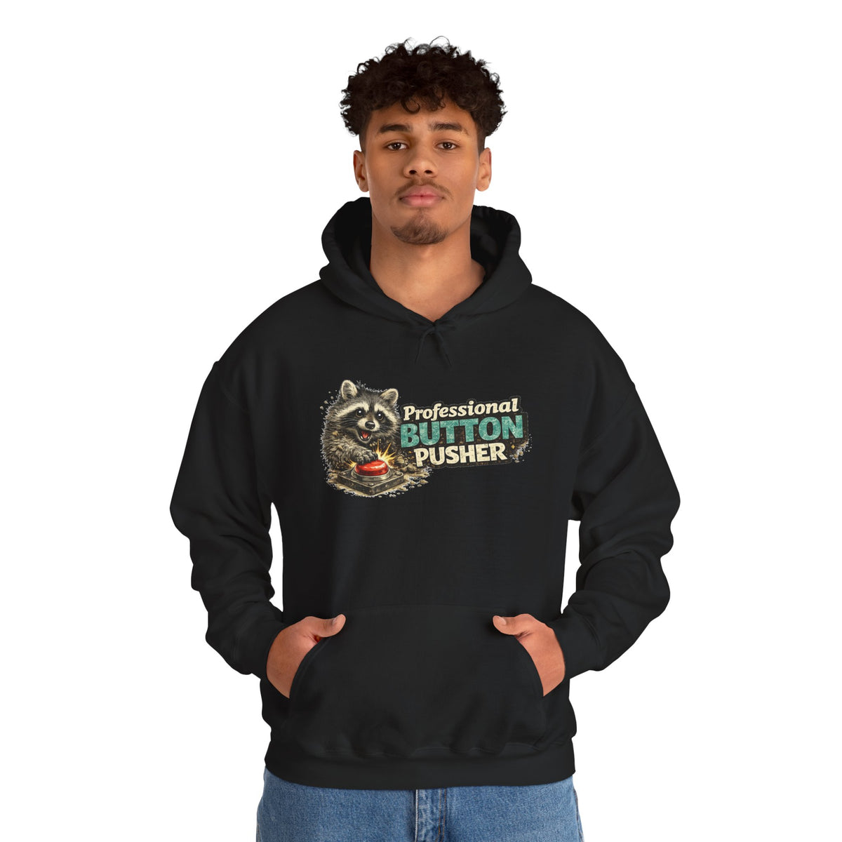 Raccoon "Button Pusher" Hooded Sweatshirt
