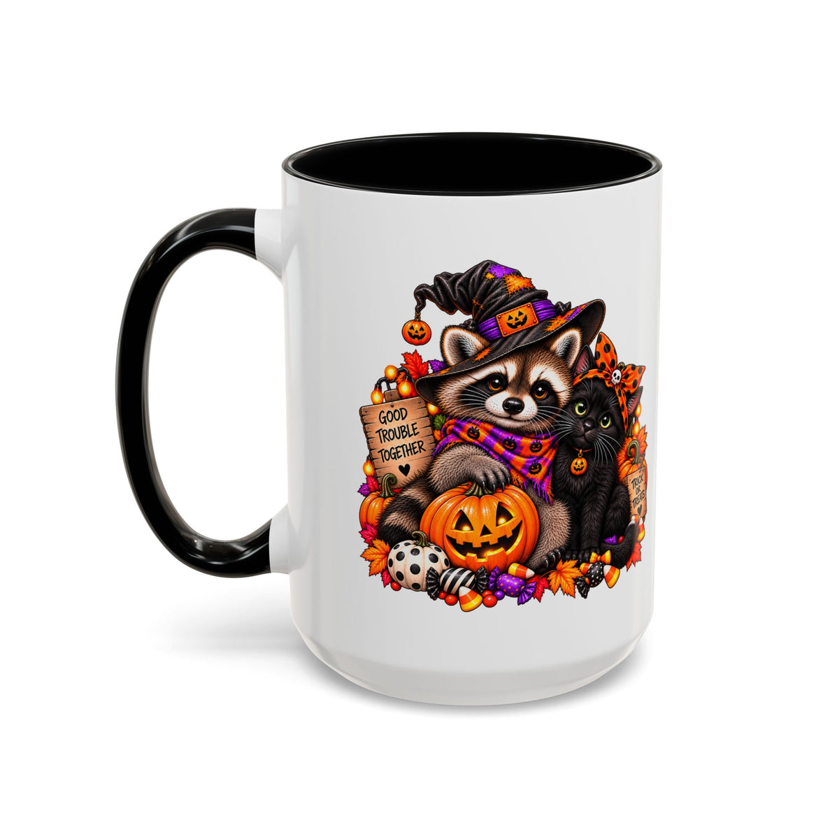 Halloween Raccoon and Black Cat Bestie Coffee Mug  (11/15oz)