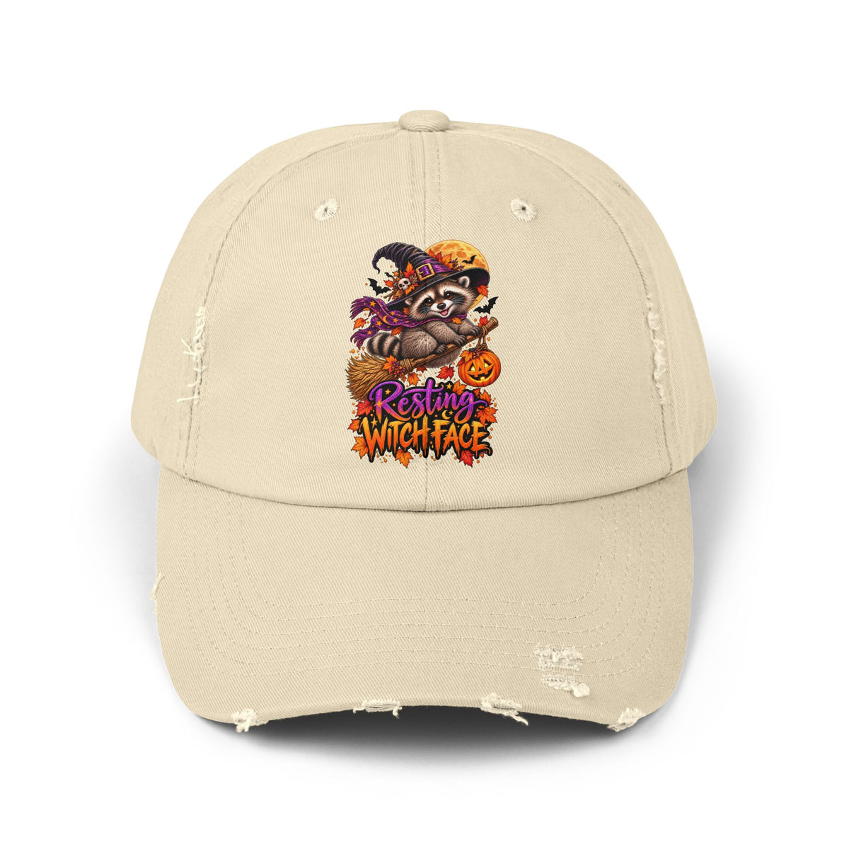 Resting Witch Face Raccoon Distressed Baseball Hat