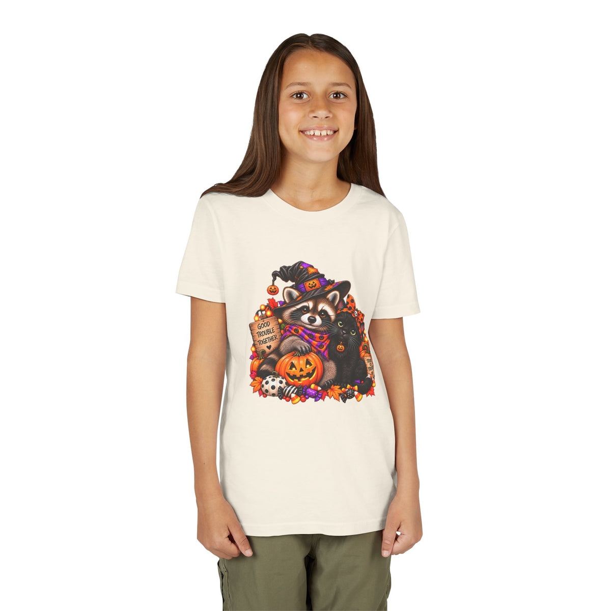 Halloween Youth Tee — Raccoon with it's Black Cat Bestie Kids Tshirt