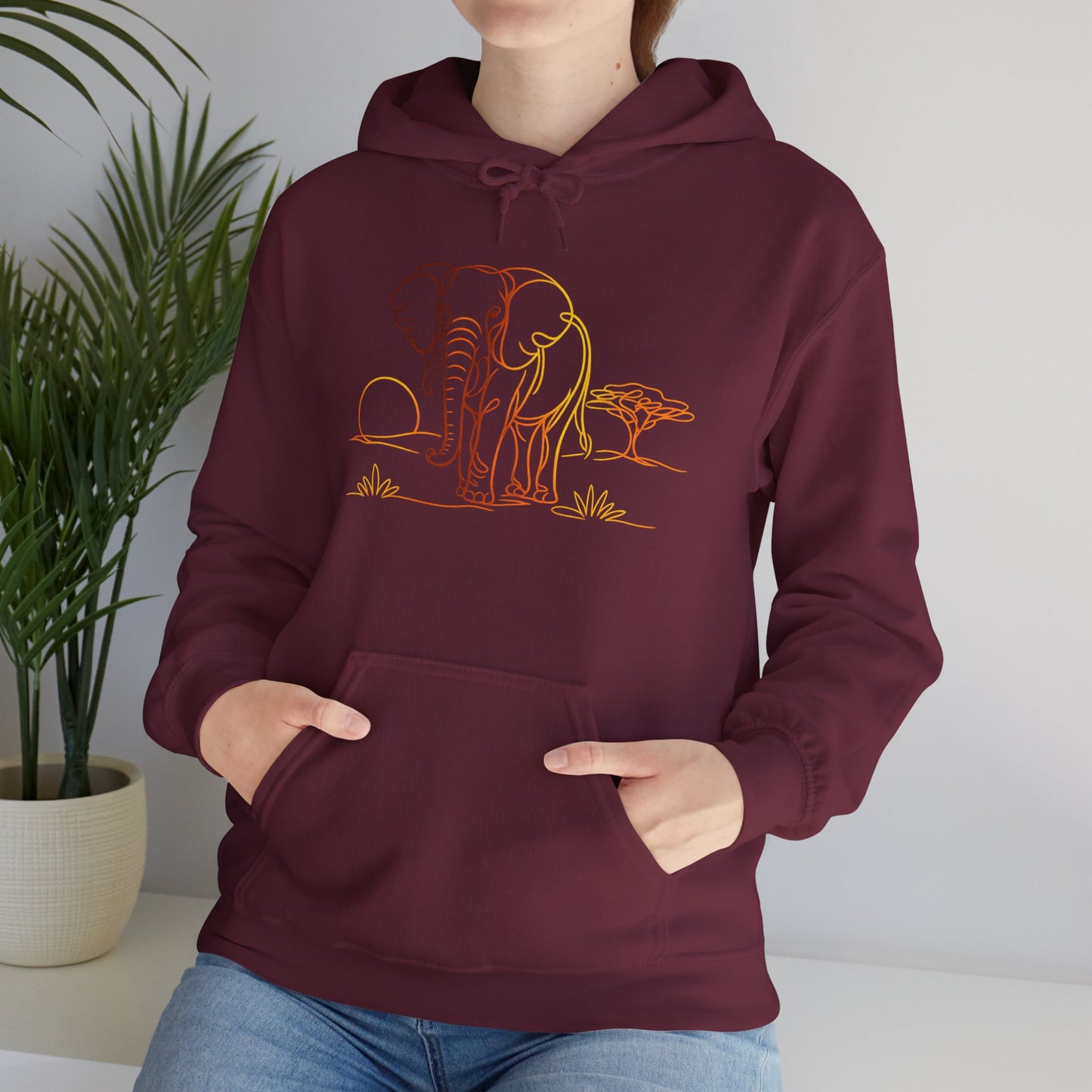 Elephant Sunset Hoodie — Minimal Safari Graphic Hooded Sweatshirt