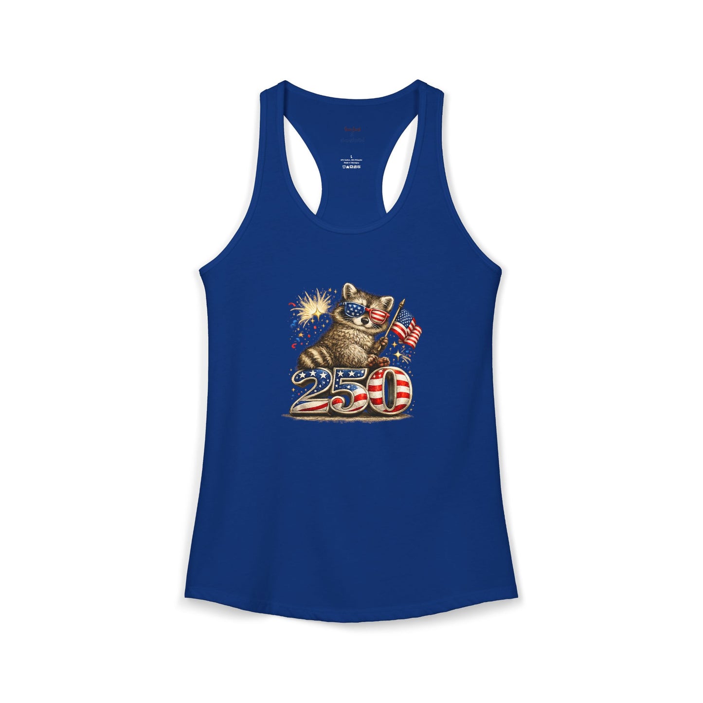 Patriotic Raccoon 4th of July Tank — Raccoon on 250 with Flag & Fireworks Racerback Tank