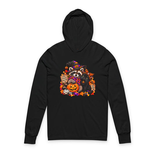 Halloween Raccoon and Black Cat Bestie Hooded Long Sleeve Tee